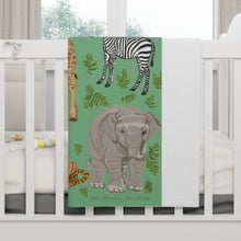 Load image into Gallery viewer, Personalized Safari Dreams Baby Blanket; Soft Green Jungle Animals with Vine Initials