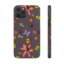 Load image into Gallery viewer, iPhone and Samsung phone cases. Purple background with wildflowers in pink, light purple, yellow, orange/yellow and green leaves.