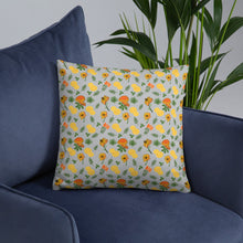 Load image into Gallery viewer, Mushrooms & Wildflowers Decorative Throw Pillow. Light gray background with orange/yellow mushrooms and yellow/orange flowers.