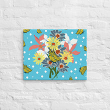 Load image into Gallery viewer, Canvas Print Tropical Blue background and white polka-dots with bouquet of flowers of yellow, pink, white and light blue flowers and yellow and blue butterflies.