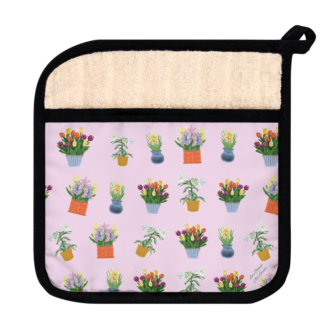 Pot Holder with Pocket-Spring Blooms Pink Background