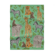Load image into Gallery viewer, Personalized Safari Dreams Baby Blanket; Soft Green Jungle Animals with Vine Initials
