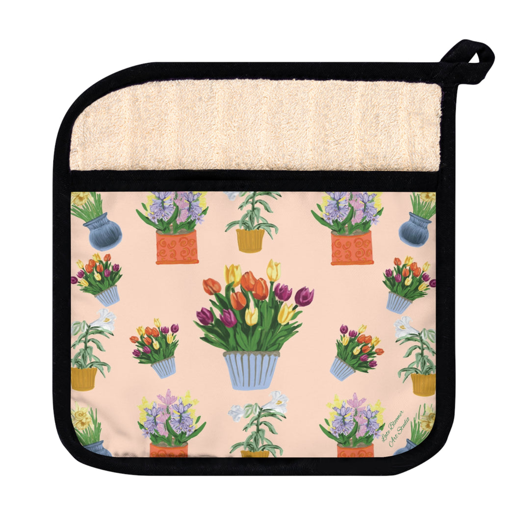 Pot Holder with Pocket - Spring Blooms-Peach Background