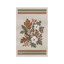 Load image into Gallery viewer, Light Oatmeal: Carolina Autumn botanical kitchen towel in light oatmeal featuring rust oak leaves, acorns, white flowers and burgundy berries.
