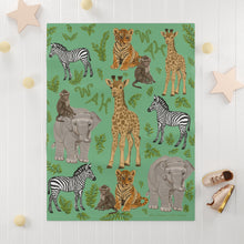 Load image into Gallery viewer, Personalized Safari Dreams Baby Blanket; Soft Green Jungle Animals with Vine Initials
