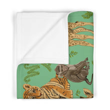 Load image into Gallery viewer, Personalized Safari Dreams Baby Blanket; Soft Green Jungle Animals with Vine Initials
