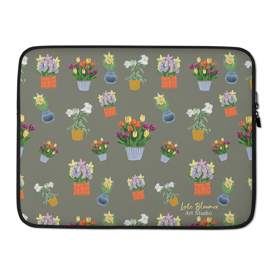 Laptop Sleeve Potted Flowers - Khaki Green Background