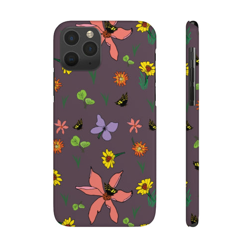 iPhone and Samsung phone cases. Purple background with wildflowers in pink, light purple, yellow, orange/yellow and green leaves.
