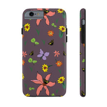 Load image into Gallery viewer, Tough phone case for iPhone and Samsung. Purple background with wildflowers in pink, yellow and orange with black and yellow butterflies.
