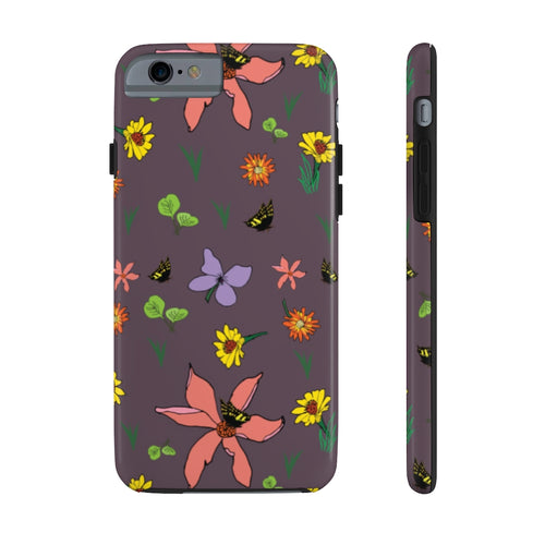 Tough phone case for iPhone and Samsung. Purple background with wildflowers in pink, yellow and orange with black and yellow butterflies.
