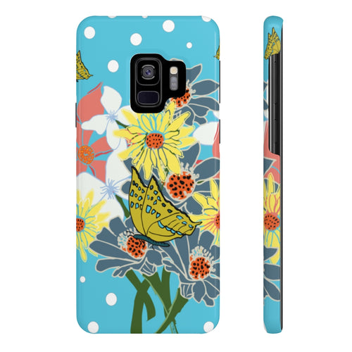 Phone case for iPhone and Samsung phones. Tropical Blue and white polka-dots background with flower bouquet of yellow, light blue, white and pink flowers with yellow and blue butterflies.