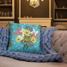 Load image into Gallery viewer, Tropical Blue Flower Bouquet Throw Pillow (2 Sizes-18&quot;x18&quot; and 22&quot;x22&quot;). Tropical blue background with white polka-dots a flower bouquet with pink, yellow, and light blue flowers and yellow and blue butterflies.
