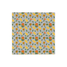 Load image into Gallery viewer, Mushroom and Wild Flowers Pillow Case 18x18 and 22x22. Light gray background, orange/yellow mushrooms and yellow/orange flowers.
