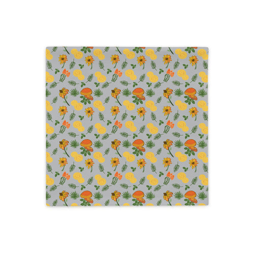 Mushroom and Wild Flowers Pillow Case 18x18 and 22x22. Light gray background, orange/yellow mushrooms and yellow/orange flowers.