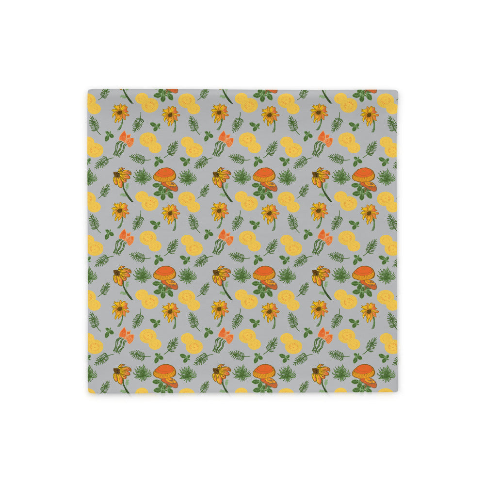 Mushroom and Wild Flowers Pillow Case 18x18 and 22x22. Light gray background, orange/yellow mushrooms and yellow/orange flowers.
