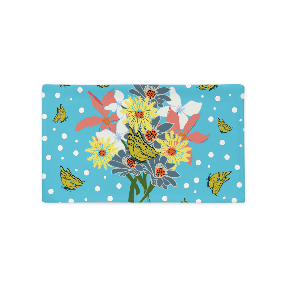 Pillow Case-Tropical Blue Flower Bouquet (20x12). Tropical blue background with white polka-dots, bouquet of pink, yellow, white and light blue flowers and yellow & blue butterflies.