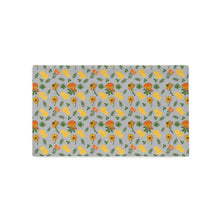 Load image into Gallery viewer, Pillow Case-Mushrooms &amp; Wildflowers (20x12).  Light gray background, with orange/yellow mushrooms, green leaves, yellow/orange flowers.
