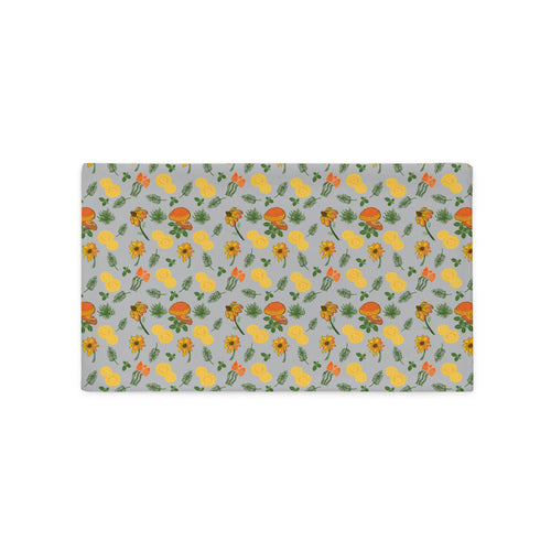 Pillow Case-Mushrooms & Wildflowers (20x12).  Light gray background, with orange/yellow mushrooms, green leaves, yellow/orange flowers.