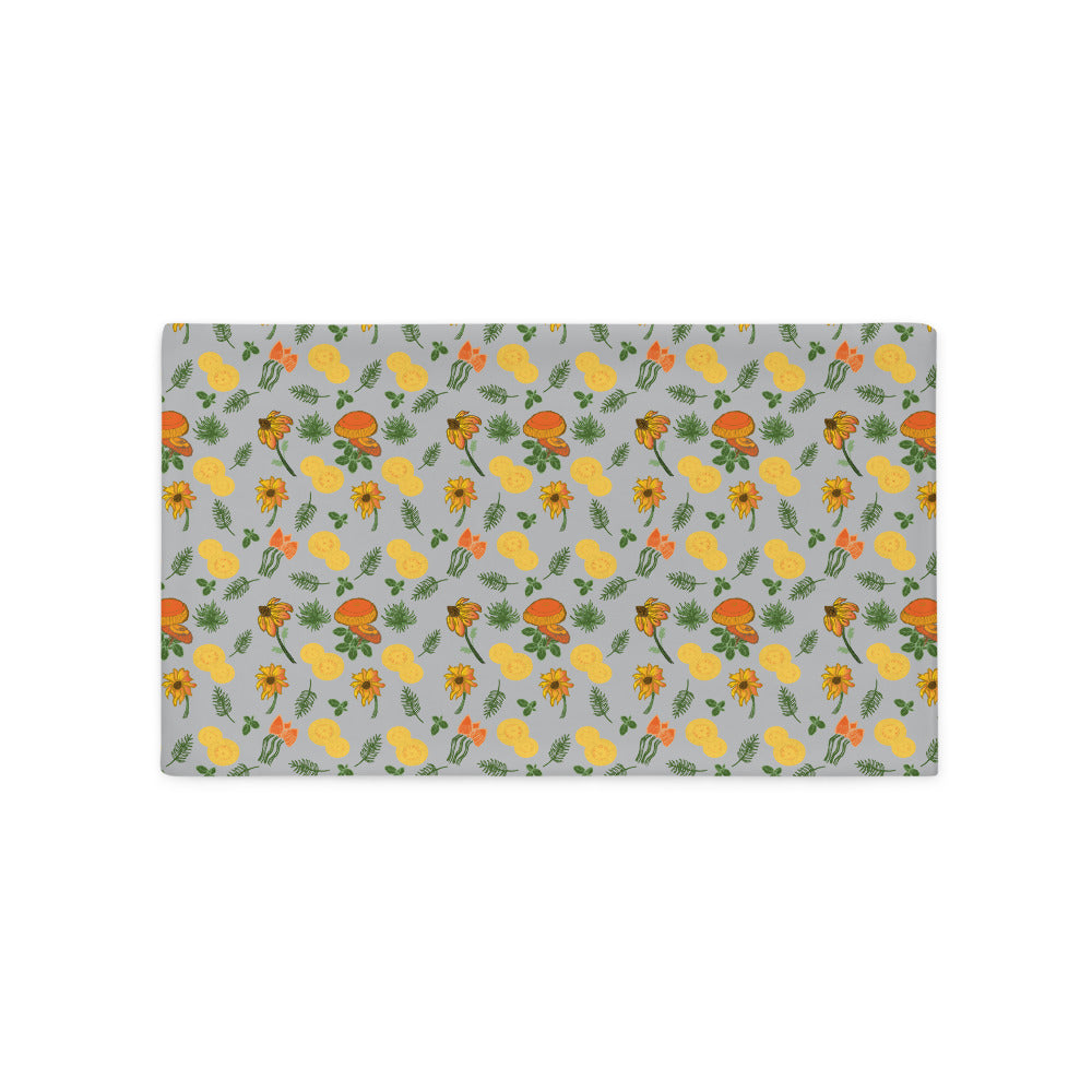 Pillow Case-Mushrooms & Wildflowers (20x12).  Light gray background, with orange/yellow mushrooms, green leaves, yellow/orange flowers.