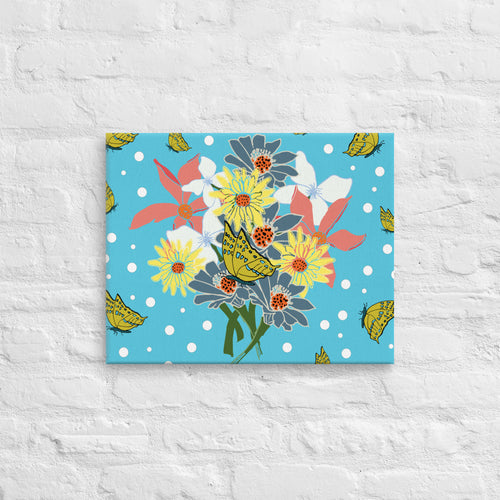Canvas Print Tropical Blue background and white polka-dots with bouquet of flowers of yellow, pink, white and light blue flowers and  yellow and blue butterflies.